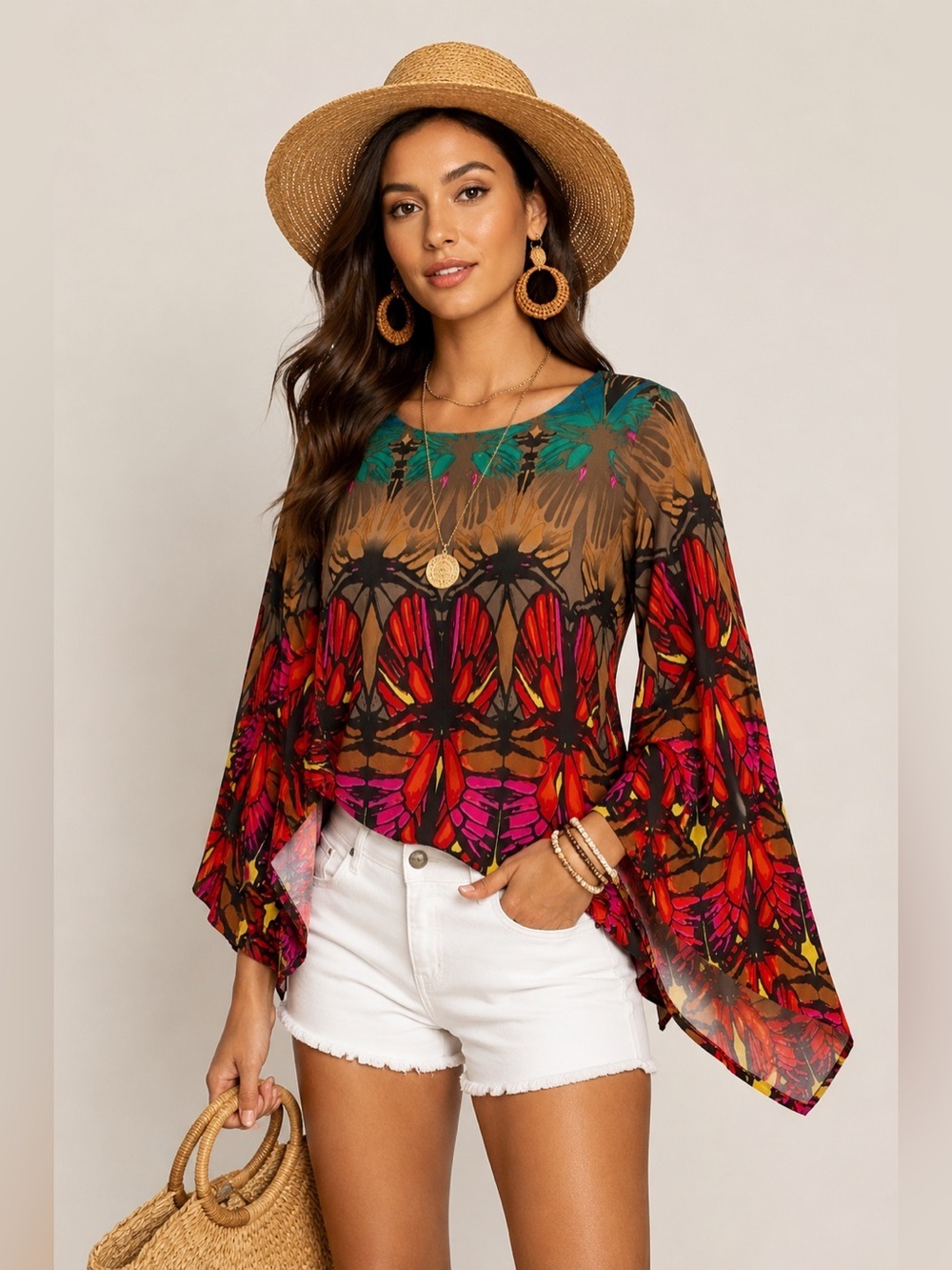 Cato Butterfly Kaleidoscope Asymmetrical Blouse Size M Bell Sleeve Boho Art Top